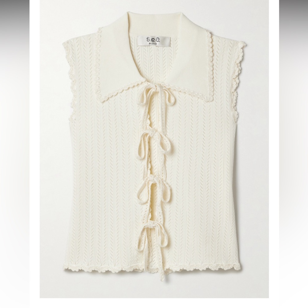 SEA NY Abbie Tie front crocheted cotton trimmed knit top.